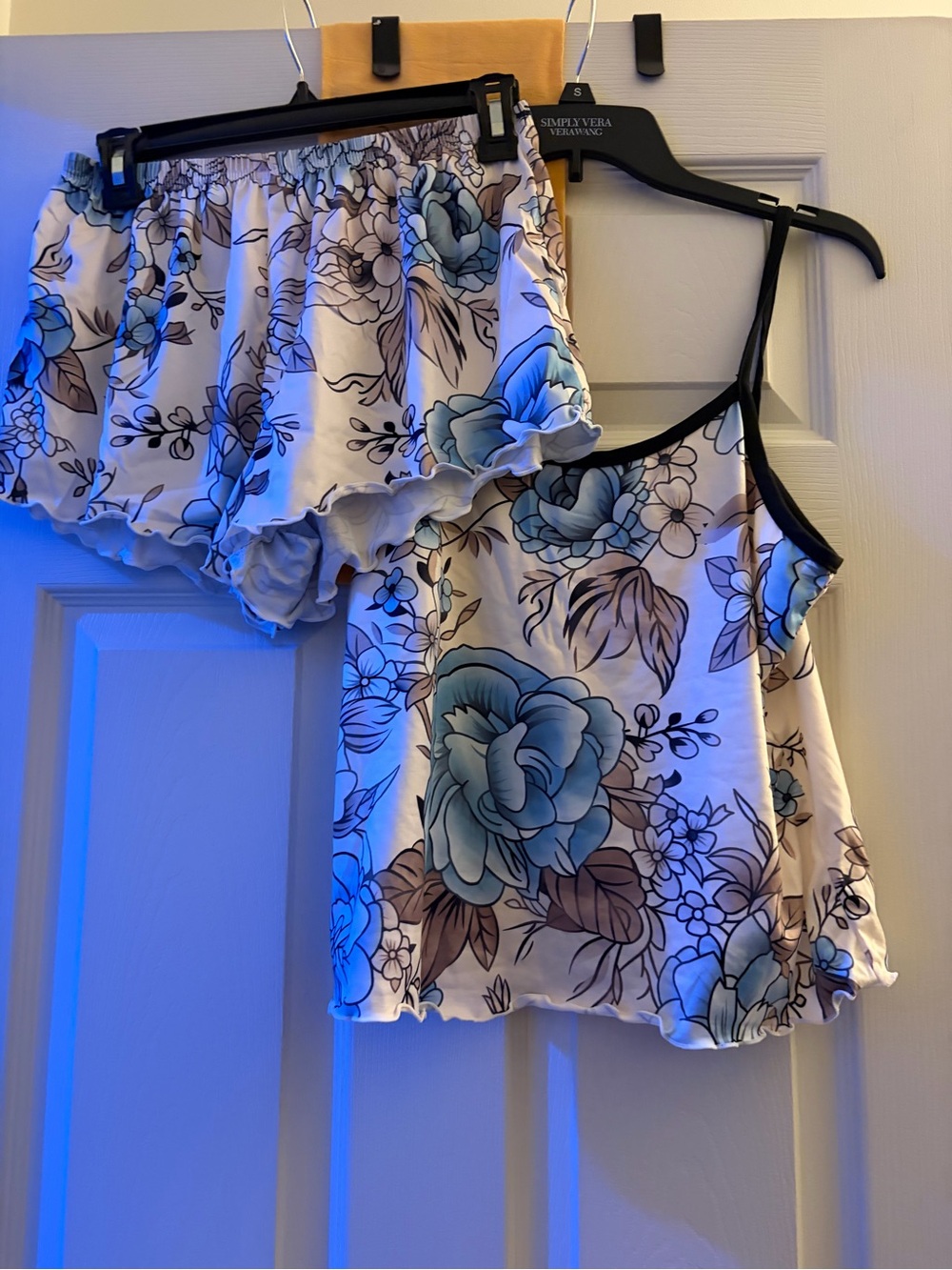 Amazon Floral Satin Cami and Ruffle Short Set in Blue and Brown